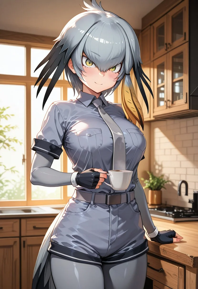 score_9, score_8_up, score_7_up, score_6_up, masterpiece, best quality, very aesthetic, absurdres, masterpiece, highest quality, best quality,
(1girl, solo),
shoebill (kemono friends), grey hair,sidelocks,hair between eyes,black hair,head wings,long hair, collared shirt, grey necktie, grey sleeves, gloves,shorts, grey stockings,
lifting bangs with hand, smiling,
BREAK
front view, cowboy shot,
c0zym0dernkitch3n, modern kitchen, cozy kitchen, kitchenware, window, light wooden cabinets, morning, sunshine, bright, warm lighting, coffee mug on counter, wooden dining table, wooden chairs,