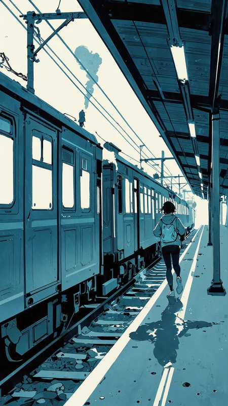 Anime-style scene of a young woman running along a train platform, reaching out as the departing train pulls away. Her eyes are filled with desperation. The train windows remain empty, no glance back, only the blurred reflections of station lights. Soft rain falls, wet tracks glistening under dim platform lights, steam rising as the train disappears into the distance. Anime-style techniquesâpainterly soft shading, glowing highlights, watercolor-like textures, expressive brushwork, cinematic framing <lora:minink1_cap_d6a3e12:0.8> <lora:Anime_v1.3:1.5> <lora:Blue_Future:1.0>