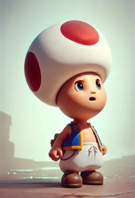 LudasStyle,
score_9, score_8_up, score_7_up, 1boy, solo, ToadCharacter, mushroomhat, black eyes,, vest, white pants, brown shoes, joyfull