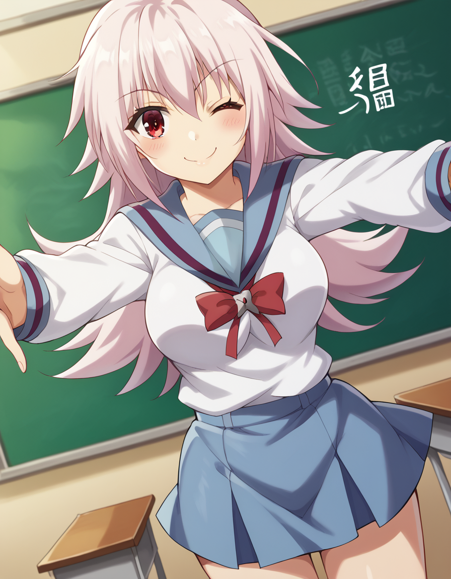 score_9, score_8_up, score_7_up, source_anime, <lora:matsuri-kazamaki-s1-v2-ponyxl-lora-nochekaiser:1>, matsuri kazamaki, long hair, red eyes, pink hair, hair between eyes, sidelocks, large breasts,, <lora:haruhi-suzumiya-cosplay-ponyxl-lora-nochekaiser:1>, haruhisuzumiyacosplay, suzumiya haruhi (cosplay), skirt, long sleeves, school uniform, serafuku, sailor collar, blue skirt, blue sailor collar, winter uniform, kita high school uniform,, classroom, one eye closed, pointing at viewer, smile, blush, , cowboy shot, dutch angle,