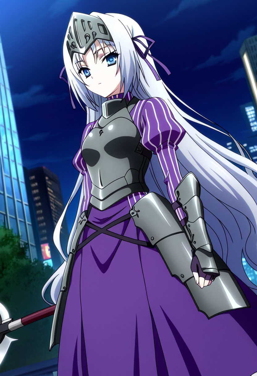 general,highres, ultra-detailed,very aesthetic,best quality ,best hands,best eyes,easynegative,
dynamic anglre, dutch angle, anime cloring,anime screencap,
1girl solo,looking at viewer,city,night,standing,
Eucliwood Hellscythe,silver hair,long hair,visor(armor),blue eyes,small breasts,hair ribbon,purple ribbon,short body,purple shirt,purple skirt,armor,