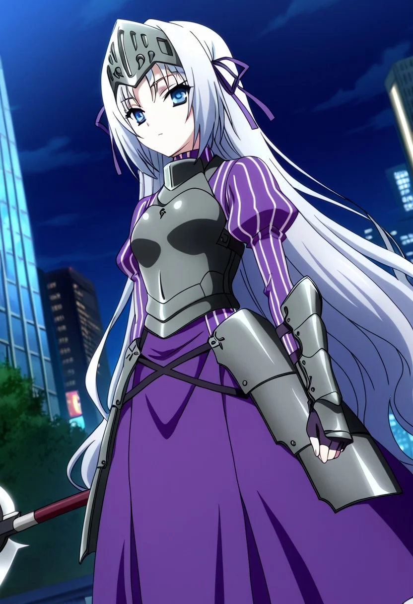 general,highres, ultra-detailed,very aesthetic,best quality ,best hands,best eyes,easynegative,
dynamic anglre, dutch angle, anime cloring,anime screencap,
1girl solo,looking at viewer,city,night,standing,
Eucliwood Hellscythe,silver hair,long hair,visor(armor),blue eyes,small breasts,hair ribbon,purple ribbon,short body,purple shirt,purple skirt,armor,