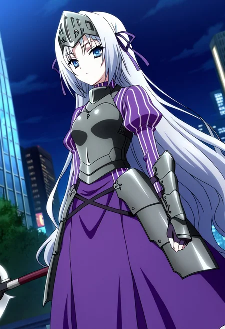 general,highres, ultra-detailed,very aesthetic,best quality ,best hands,best eyes,easynegative,
dynamic anglre, dutch angle, anime cloring,anime screencap,
1girl solo,looking at viewer,city,night,standing,
Eucliwood Hellscythe,silver hair,long hair,visor(armor),blue eyes,small breasts,hair ribbon,purple ribbon,short body,purple shirt,purple skirt,armor,