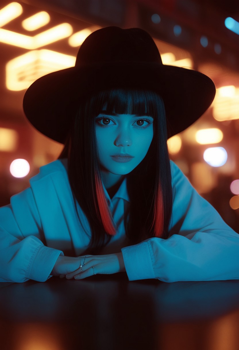 score_9, score_8_up, score_7_up, score_6_up, cinematic, cinema shot, film grain, depth of field, 1girl, solo, ring, hat, looking at viewer, blurry, jewelry, blurry background, bangs, blunt bangs, shirt, indoors, black hair, black headwear, nose, long hair, long sleeves, highlights, boke, (dark:1.2)