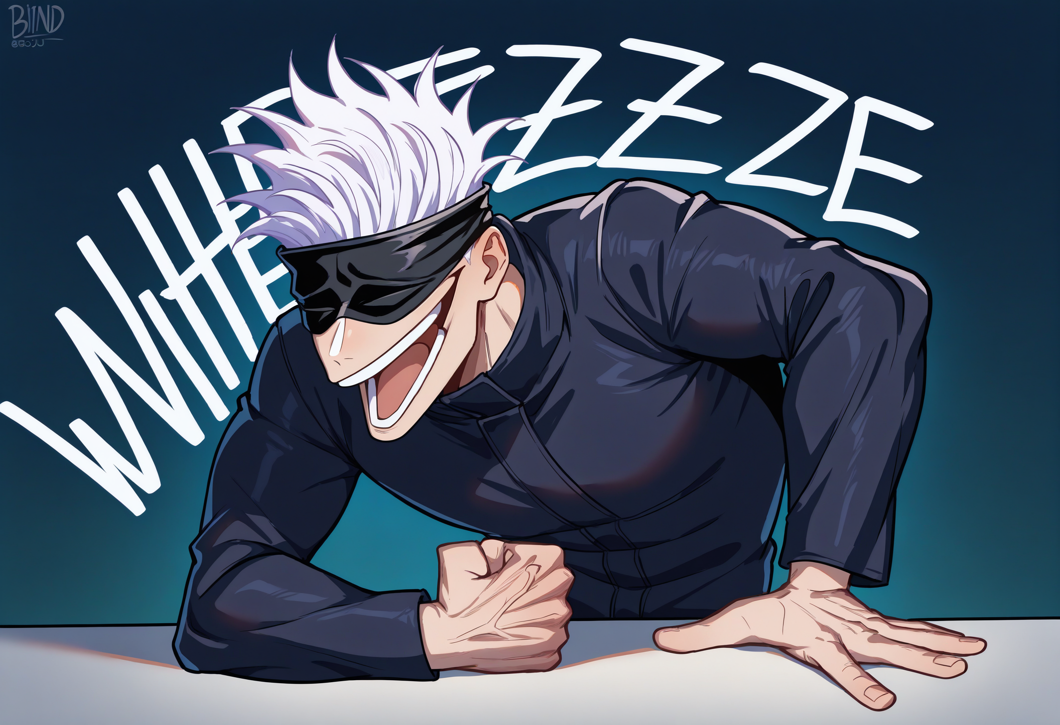 masterpiece, best quality, newest, absurdres, highres, 1boy, wheeze, upper body, laughing, clenched hand, english text, hand on table, open mouth, <lora:WheezeMeme_illusXLNoobAI_Incrs_v1-000013:1>, gojou satoru, blindfold, black jacket,
