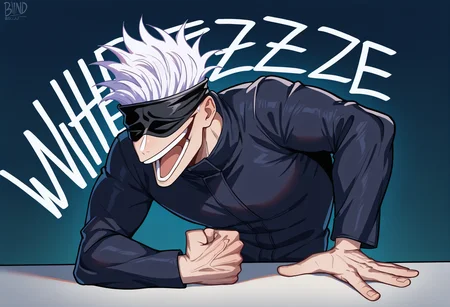 masterpiece, best quality, newest, absurdres, highres, 1boy, wheeze, upper body, laughing, clenched hand, english text, hand on table, open mouth, <lora:WheezeMeme_illusXLNoobAI_Incrs_v1-000013:1>, gojou satoru, blindfold, black jacket,