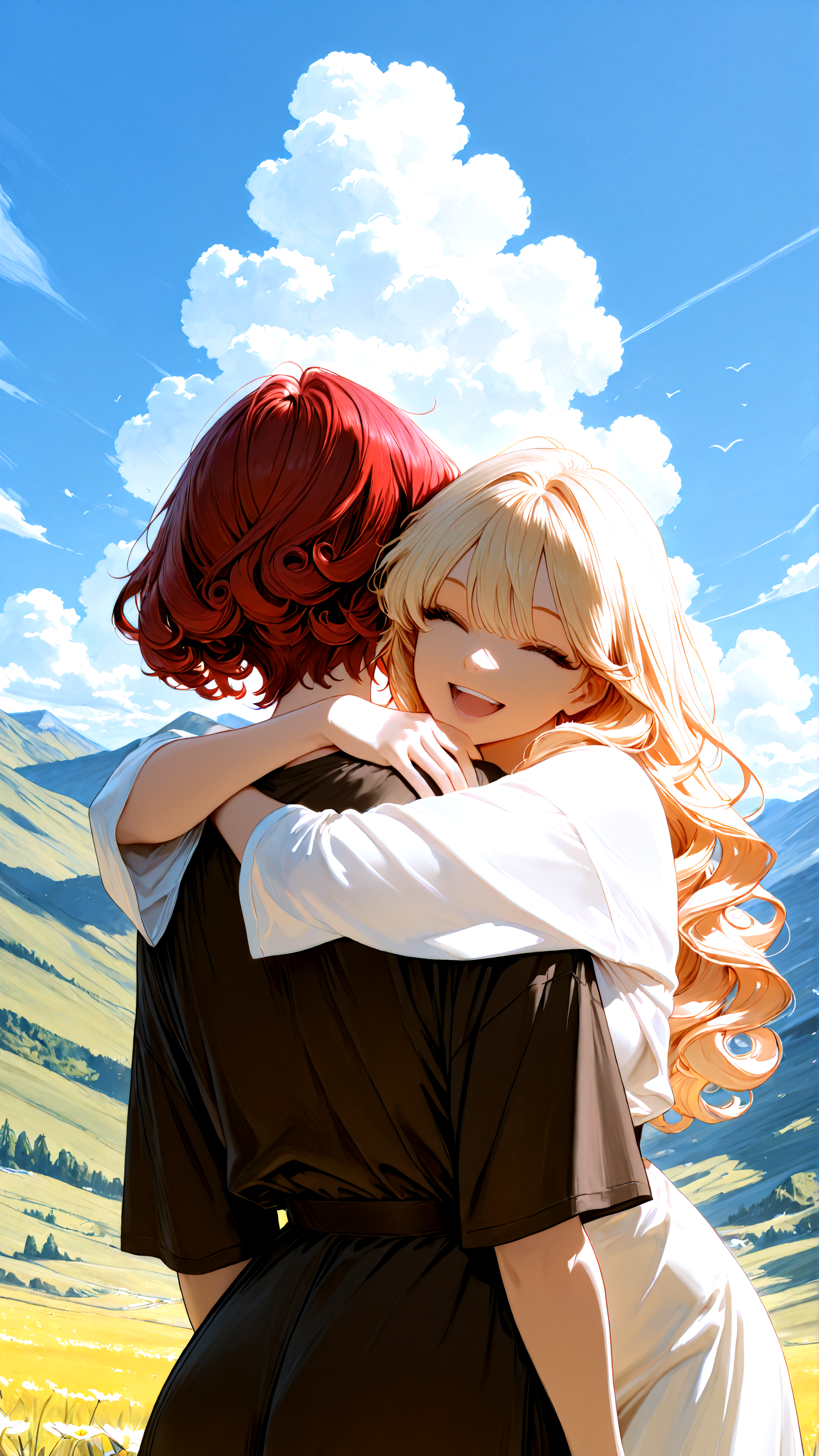 masterpiece, newest,absurdres,incredibly absurdres, best quality, amazing quality, very aesthetic, 
2 girls, hugging, happy, red hair, curly hair long hair, blonde, short hair, hills, clouds,
 <lora:Face_Enhancer_Illustrious:0.7>  <lora:NOOB_vp1_detailer_by_volnovik_v1:0.5>