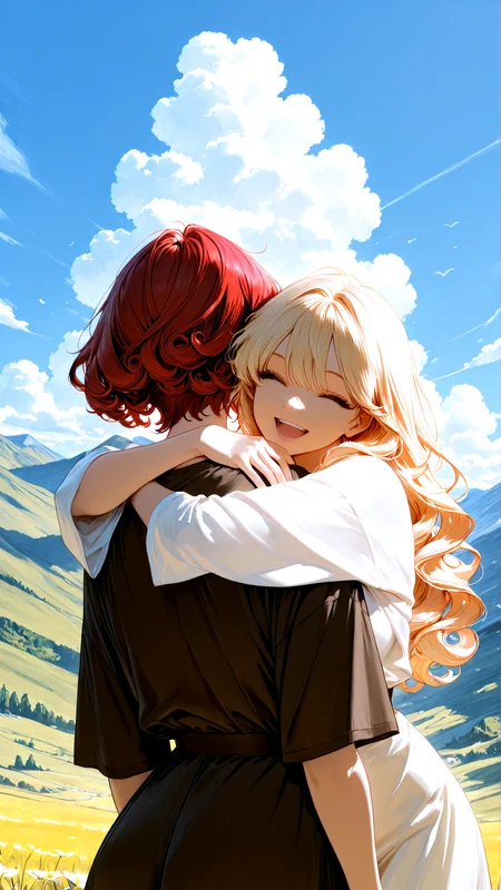 masterpiece, newest,absurdres,incredibly absurdres, best quality, amazing quality, very aesthetic,
2 girls, hugging, happy, red hair, curly hair long hair, blonde, short hair, hills, clouds,
<lora:Face_Enhancer_Illustrious:0.7> <lora:NOOB_vp1_detailer_by_volnovik_v1:0.5>