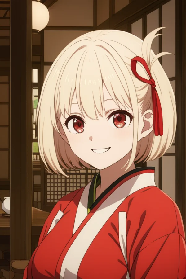 masterpiece, best quality, highres, 4k, 8k, intricate detail, cinematic lighting, amazing quality, amazing shading, soft lighting, Detailed Illustration, anime style,
chisatonishikigi, <lora:chisato-nishikigi-s1-sdxl-lora-nochekaiser:0.75>,
chisato nishikigi, short hair, bangs, blonde hair, red eyes, hair ribbon, one side up, bob cut, smile,
japanese clothes, kimono, apron, red ribbon, waitress, red kimono,
indoors, restaurant, tea, chair, table, tea house,
looking at viewer, full body,
