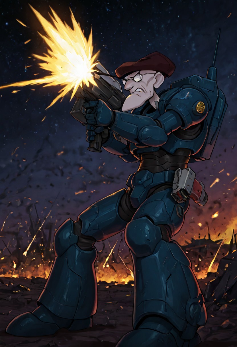 Masterpiece, best quality, absurdres, highest quality, solo, 1boy, Eustace, Bagge, hat, glasses, angry expression, Space Marine, Ultramarine, firing gun, heavy bolter, battlefield background, power armor,