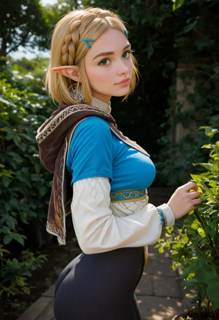 score_9, score_8_up, score_7_up, score_6_up, score_5_up, score_4_up, 1girl, outdoors, (blonde:1.4), royal garden, (view from side:1.4), looking at viewer, medium breasts, princess zelda, looking at viewer, capelet, blue shirt, black leggings, hairclips view of hyrule in distant background, relaxed shoulders, head tilted back