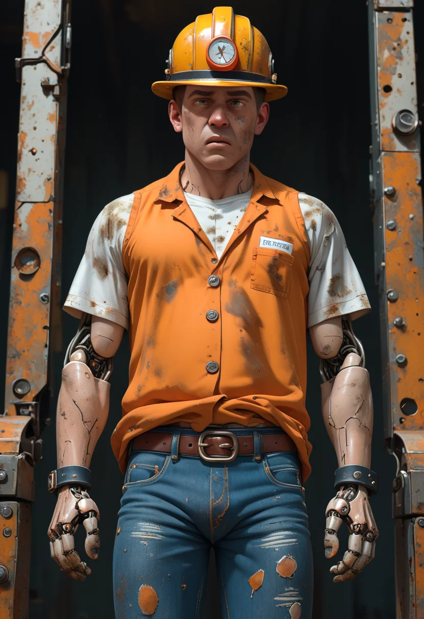 Grunge style score_9, score_8_up, score_7_up, 24 year old dieselpunk construction worker, cowboy shot, three-quarter view, looking to the side, mechanical arms, lean toned form, marine style high and tight haircut, full lips, wearing jeans and a t-shirt with hard hat and high vis vest, construction site, atmospheric perspective, high noon, <lora:Reelmech_pony_ed_v1_3:0.8> reelmech, mechanical parts, joints,, . Textured, distressed, vintage, edgy, punk rock vibe, dirty, noisy