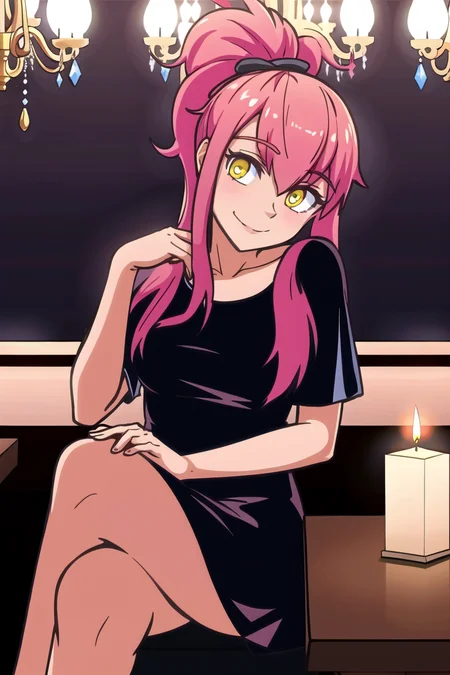 masterpiece, best quality,<lora:Sunny_of_Spades:0.7>,
Sunny of Spades, 1girl, solo, gentle smile, ponytail, pink hair, food, (black dress, jewelry, ) , sitting seductively, restaurant, fancy restaurant, candlelight, chandelier, head tilt, head rest, looking at viewer, full body, crossed legs
