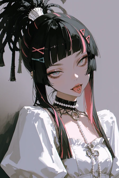 arutera, rella, (dino_(dinoartforame):0.8),   best quality, masterpiece, very awa, absurdres,  <lora:high_detailILL:0.6> high_detail, <lora:Niji_oil_painting_drawing-anime:0.8>, cyber punk style,  rebellious, and edgy, chromatic aberration, Overlayed with retro VHS static effects and glitch textures, film grain,  <lora:VHSnoise_IL:0.4> <lora:nhl-001:0.4>,
cool girl, solo, portrait, black hair, Stylized dreadlocks, decorated with beads and colored thread, hime cut,  pink highlights, colorful hair clips, bangs above eyebrows, high ponytail, grey eyes, tongue out, Tongue piercing, single piercing, wearing a white dress, puffy skirt, irregular hemline