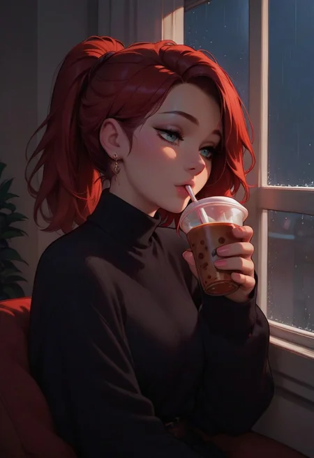 masterpiece,best quality, highly detailed, score_9, score_8_up, score_7_up, score_6_up,source_cartoon, 
BREAK,  1girl, ponytail,red hair,drinking tea,sitting in front of window,rain,night