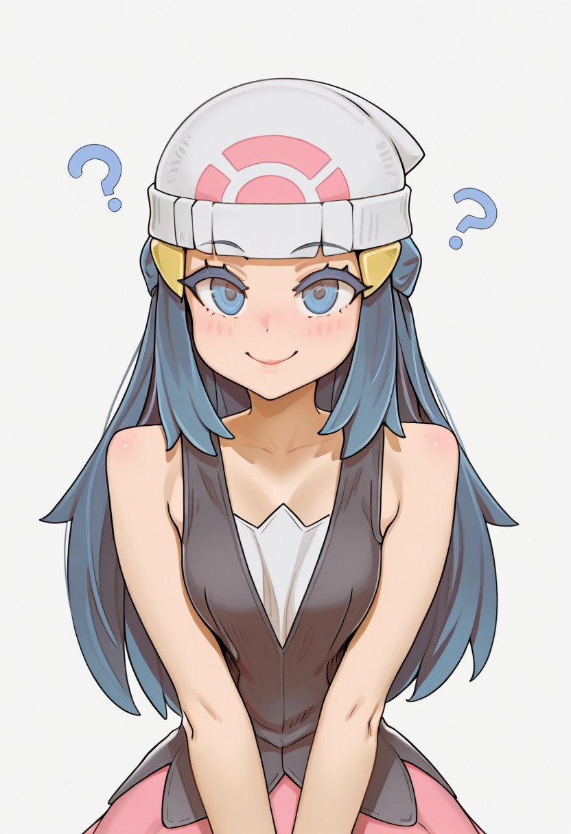 masterpiece, best quality, 
1girl, solo,
dawn \(pokemon\), blue hair, blue eyes, white beanie, dress,
looking at viewer, smile, confused, red cheeks, blush, asanagi, BartoStyle, artist maobohe