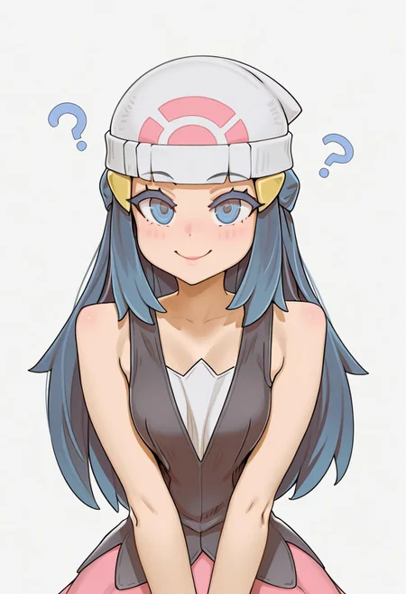 masterpiece, best quality, 
1girl, solo,
dawn \(pokemon\), blue hair, blue eyes, white beanie, dress,
looking at viewer, smile, confused, red cheeks, blush, asanagi, BartoStyle, artist maobohe