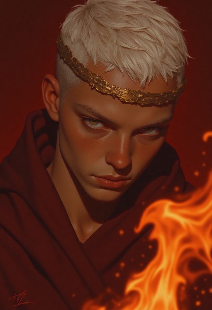 Nixport, a portrait of a boy, olive skin, short white hair, bronze circlet on head, burgundy robe, burgundy background, fire partially obscuring the face.