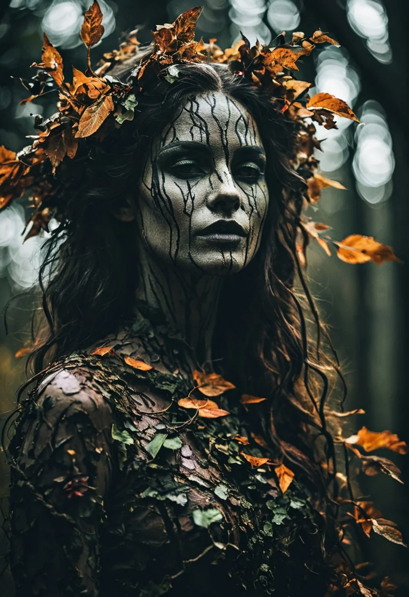 high-contrast palette, subtle grain, timeless feeling, cinematic quality, modern art photograph, dryad, surrealism, highly detailed