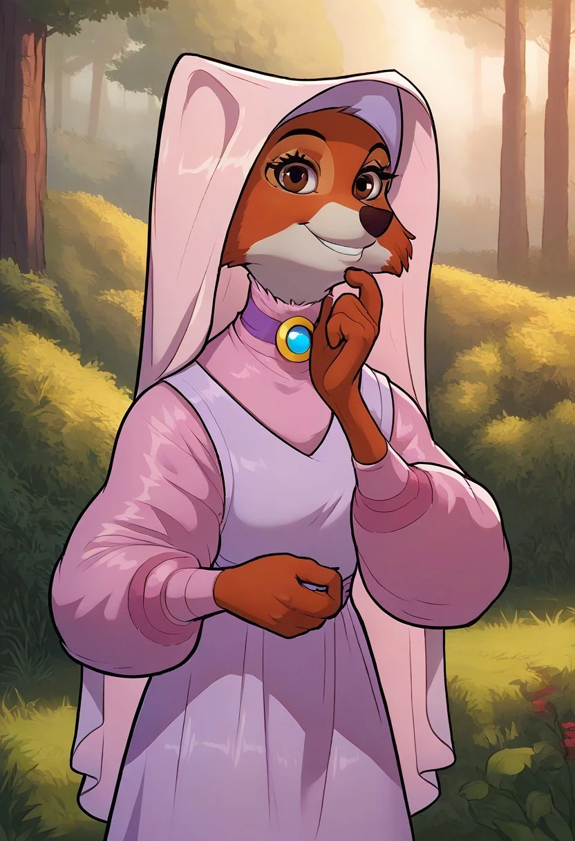 score_9, score_8_up, score_8_up, by minnosimmins, by hioshiru 1girl, solo, source_furry, maid_marian, pink headwear, pink dress, orange fur, smiling, looking at viewer, standing in a forest, sunlit, brown eyes