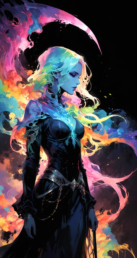 rainbow colored silhoutte outline against a dark background,a female reaper,anime,magical fantasy,universe,inspired by Maria Kreyn,Crystal,inverted,negative space,