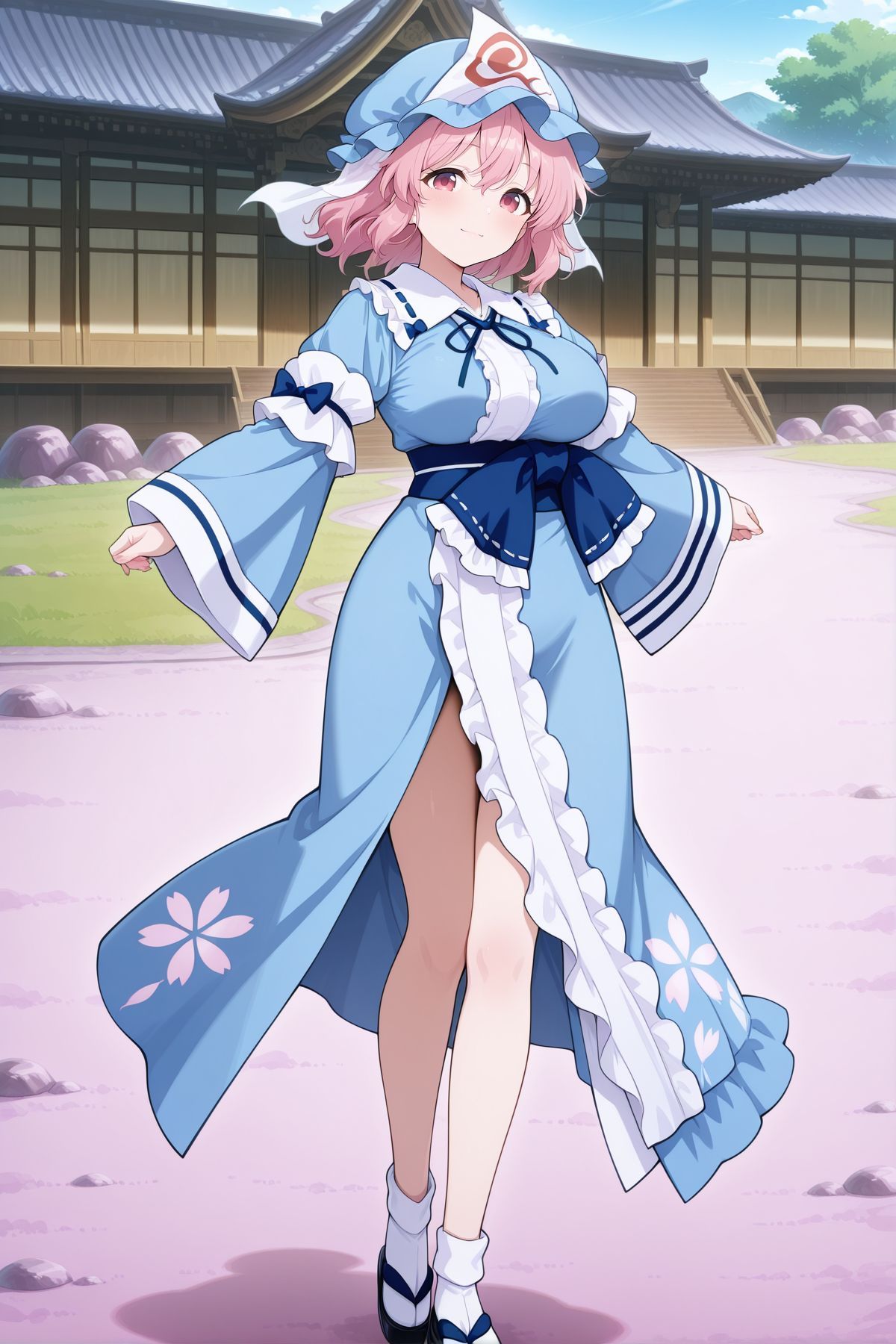 absurdres, highres, masterpiece, best quality, amazing quality, official anime artwork, screencap, anime screencap, outdoors, looking at viewer, light smile, dynamic pose, standing,
<lora:Yuyuko-Saigyouji_IllustriousV3:1> saigyouji yuyuko, 1girl, solo, pink eyes, pink hair, short hair, large breasts,, blue hat, mob cap, triangular headpiece, blue neck ribbon, blue kimono, frilled kimono, long sleeves, wide sleeves, floral print, blue ribbon, white socks, black sandals,