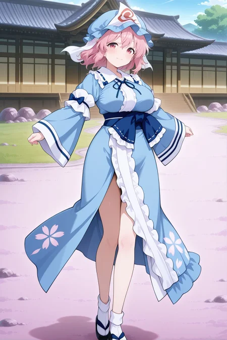 absurdres, highres, masterpiece, best quality, amazing quality, official anime artwork, screencap, anime screencap, outdoors, looking at viewer, light smile, dynamic pose, standing,
<lora:Yuyuko-Saigyouji_IllustriousV3:1> saigyouji yuyuko, 1girl, solo, pink eyes, pink hair, short hair, large breasts,, blue hat, mob cap, triangular headpiece, blue neck ribbon, blue kimono, frilled kimono, long sleeves, wide sleeves, floral print, blue ribbon, white socks, black sandals,