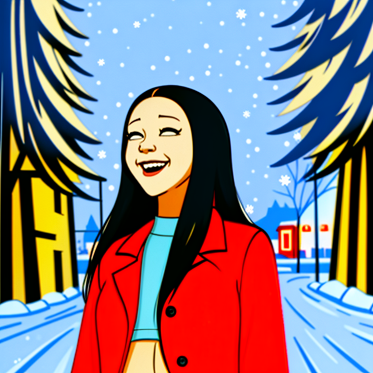 <lora:Posie_-_Mission_Hill:0.8> posie_mh, 1girl, long hair, smile, navel, red_coat, snowing, outside, winter,  <lora:l_32:-0.65>,<lora:LCM_SD15:1.0>