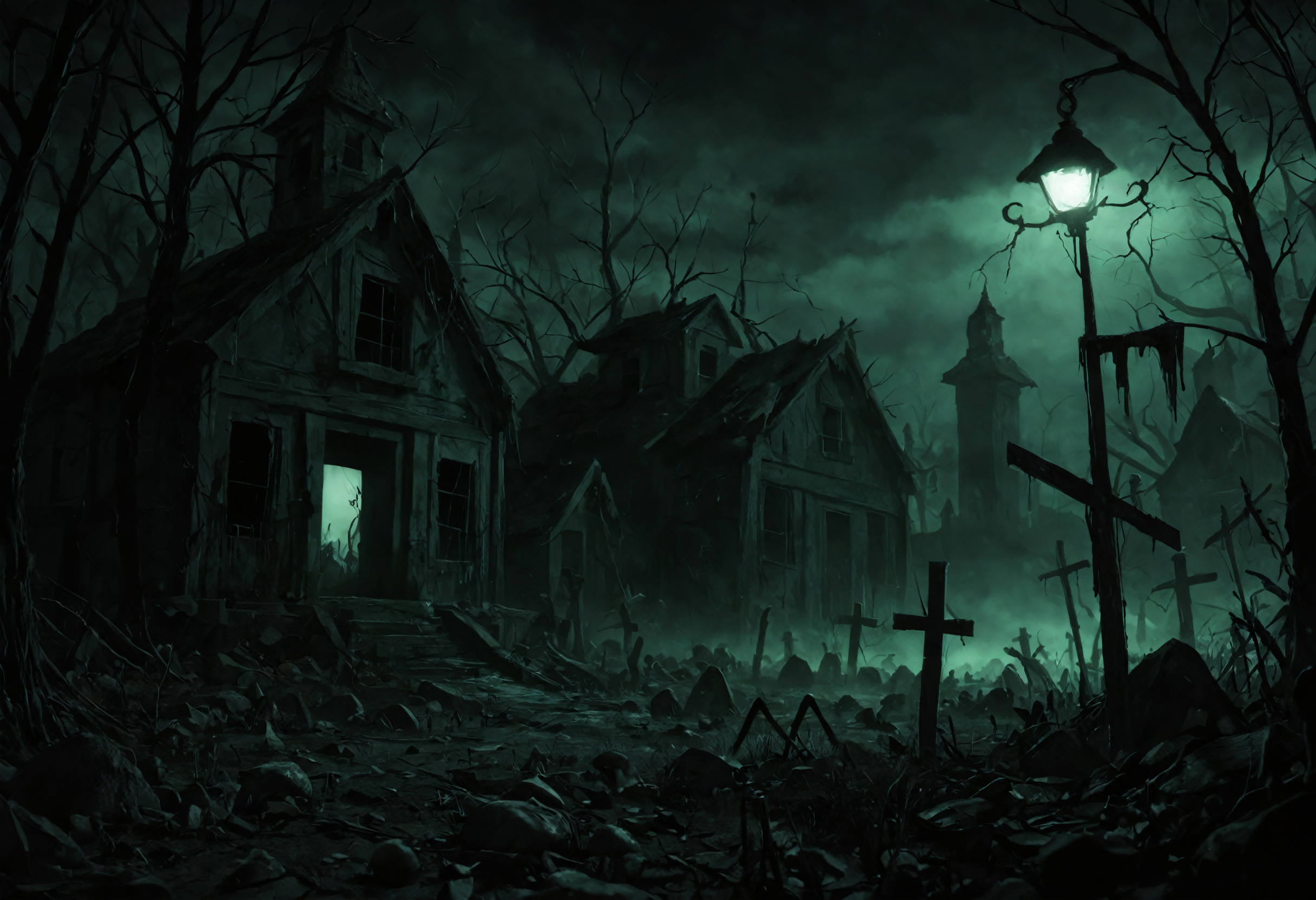 score_9, score_8_up, score_7_up, score_6_up
A dark, foreboding graveyard at night, with crumbling headstones and weathered mausoleums dotting the landscape. Glowing, bioluminescent mushrooms sprout from the ground, casting an eerie light over the graves. Their caps are a deep, blood-red color, and their stems pulse with an otherworldly energy. The air is heavy with the scent of damp earth and decay, and the atmosphere is thick with malevolent presence." "Lighting is dim, with only the mushrooms' glow providing any illumination. Shadows writhe across the ground, like restless spirits trying to break free." "Textures: rough stone, damp earth, and slimy fungus. Color palette: muted, with an emphasis on dark reds, blacks, and purples to create a sense of foreboding.
(((extremely detailed, dark dramatic shadows, creepy, eerie glow, night))), <lora:add-detail-xl:2>