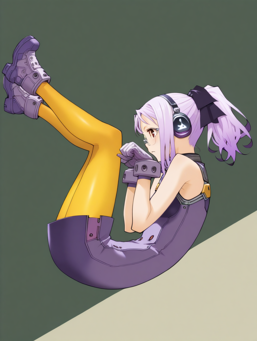 perfect quality,best quality,absolutely eye-catching,ambient occlusion,raytracing BREAK
1girl,<lora:SO4weruti IL v1.1:1>,SO4weruti,purple hair,ponytail,headphones,ribbon,glasses,red eyes,purple dress,sleeveless,gloves,yellow pantyhose,shoes,solo,, perspective,profile,fetal_position,paw_pose,locked_arms,legs_up,