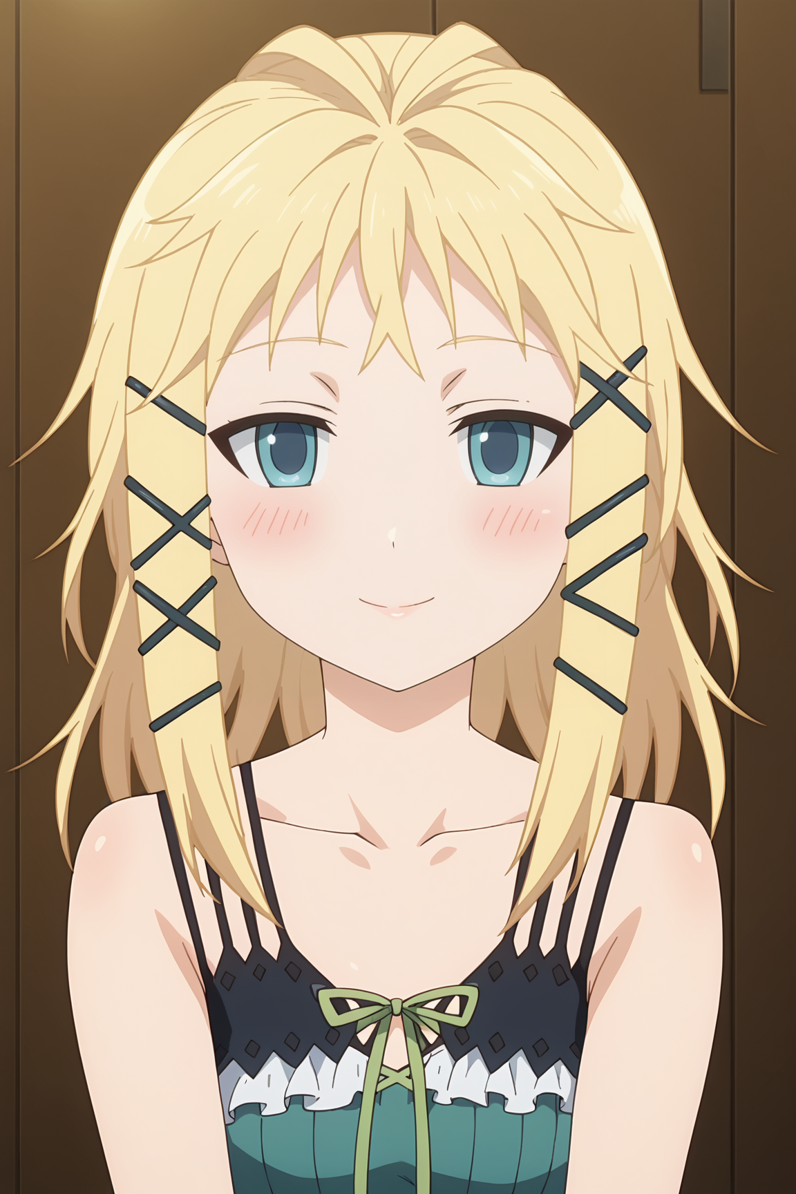 score_9, score_8_up, score_7_up, source anime, prefect lighting, very aesthetic, BREAK, anime screencap, anime coloring,
<lora:tina_sprout_v1-pony6:1>, 1girl, tina sprout, black bullet, blonde hair, blue eyes, hair ornament
BREAK, looking at viewer, light smile, blush, portrait, room,
BREAK,