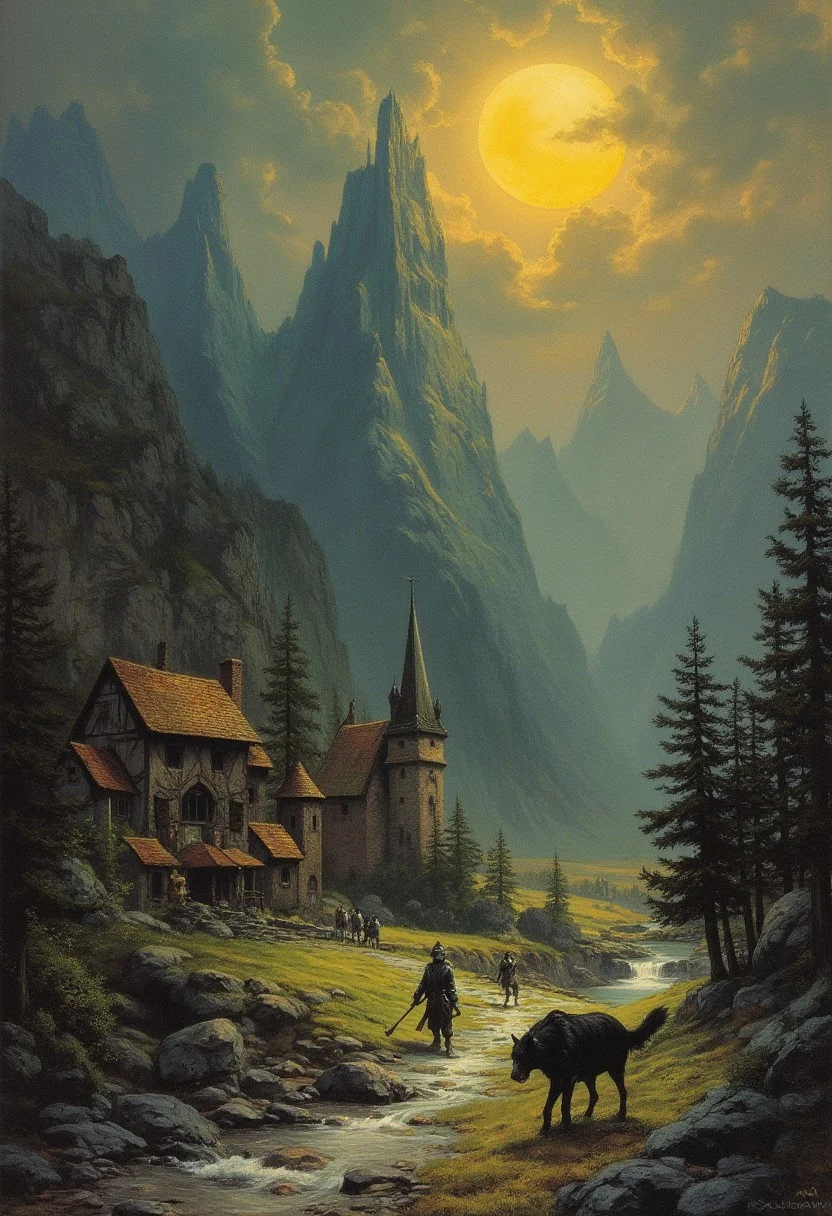 frank Frazetta dark fantasy oil painting, a spooky haunting necromancer in the center commanding 3 black dire wolves to attack some peasants in a fantasy cozy town square, river leading to mysteries mountains, hyperrealsitc