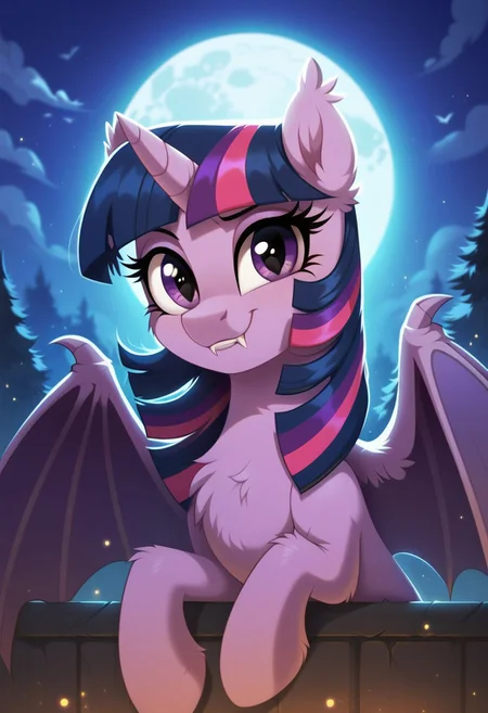 score_9, score_8_up, score_7_up, score_6_up, score_5_up, score_4_up, my little pony, solo, pony, feral pony, festral, batpony, bat pony, twilight sparkle, wings, fangs, moon, forest, night, look at you, smile, city background, 1girl, beautiful, detailed, (detailed cute pony face), detailed eyes, detailed fur, beautiful, vector, flat colors, (beautiful long eyelashes), ((close-up)), high angle