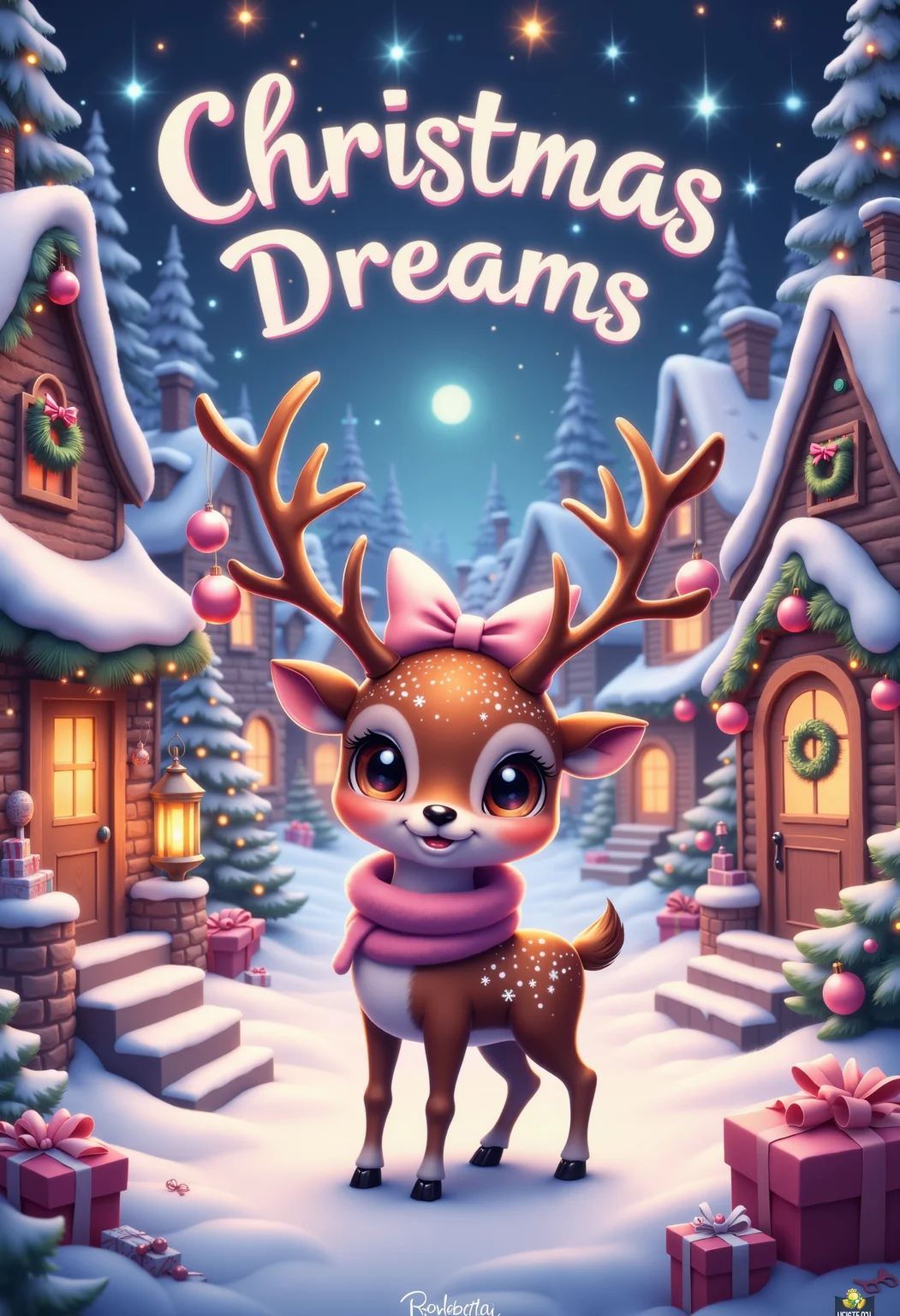 bo-christmas, christmas mood, magical christmas, eye-catching text saying "Christmas Dreams", a highly detailed, digital illustration in a whimsical, fantasy style, it depicts a cozy, christmas-themed village scene featuring a small, brown deer with antlers adorned with pink ornaments and a large pink bow, standing in the center of the scene, the deer has large, expressive eyes and a gentle smile, its fur is soft and fluffy, and it wears a pink scarf around its neck, adding a festive touch, surrounding the deer are numerous small, cozy houses with warm, golden lights, creating a cozy and inviting atmosphere, the houses are covered in snow, and they are adorned with festive decorations such as wreaths, garlands, and string lights, the background features tall, snow-covered trees and a starry night sky, adding to the magical, fairy-tale ambiance, the ground is covered in a pristine white snow, with a few scattered gifts and a vintage-style lantern on the left side, the overall color palette is warm and inviting, with shades of pink, purple, and gold, enhancing the festive and magical theme, high quality, ultra detailed, colorful, abstract, fantasy.<lora:Flux\boFLUX Christmas Dreams.safetensors:1.0:1.0>