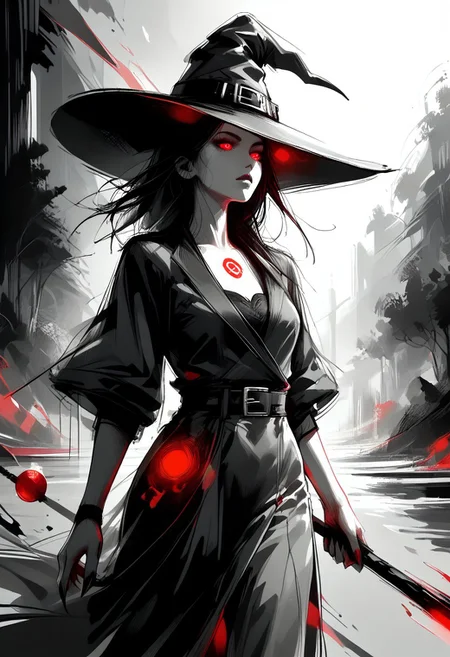 score_9, score_8_up, score_7_up, score_6_up, score_5_up, score_4_up, (solo), 1girl, female, glowing red eyes, black hair, claws, witch hat, (black dress), covered, (red glowing magical staff), cel-shading, monochromemuse, monochrome, greyscale, ink splatter, linquivera, dramatic angle, (head focus, head shot, close up), forest, detailed background