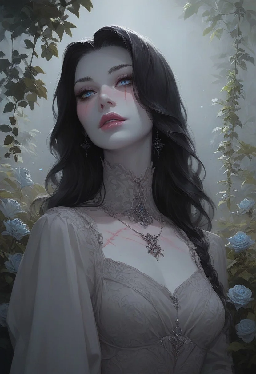 score_9, score_8_up, score_7_up, score_6_up, at night, in a garden, 1woman, charming, Undead, long loose black hair, piercing ice-blue eyes, ghostly pale white skin, surgical scar on the chest, gray prude victorian gown with long sleeves, beautiful, cute, attractive