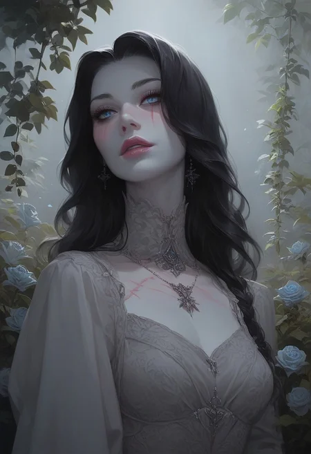 score_9, score_8_up, score_7_up, score_6_up, at night, in a garden, 1woman, charming, Undead, long loose black hair, piercing ice-blue eyes, ghostly pale white skin, surgical scar on the chest, gray prude victorian gown with long sleeves, beautiful, cute, attractive