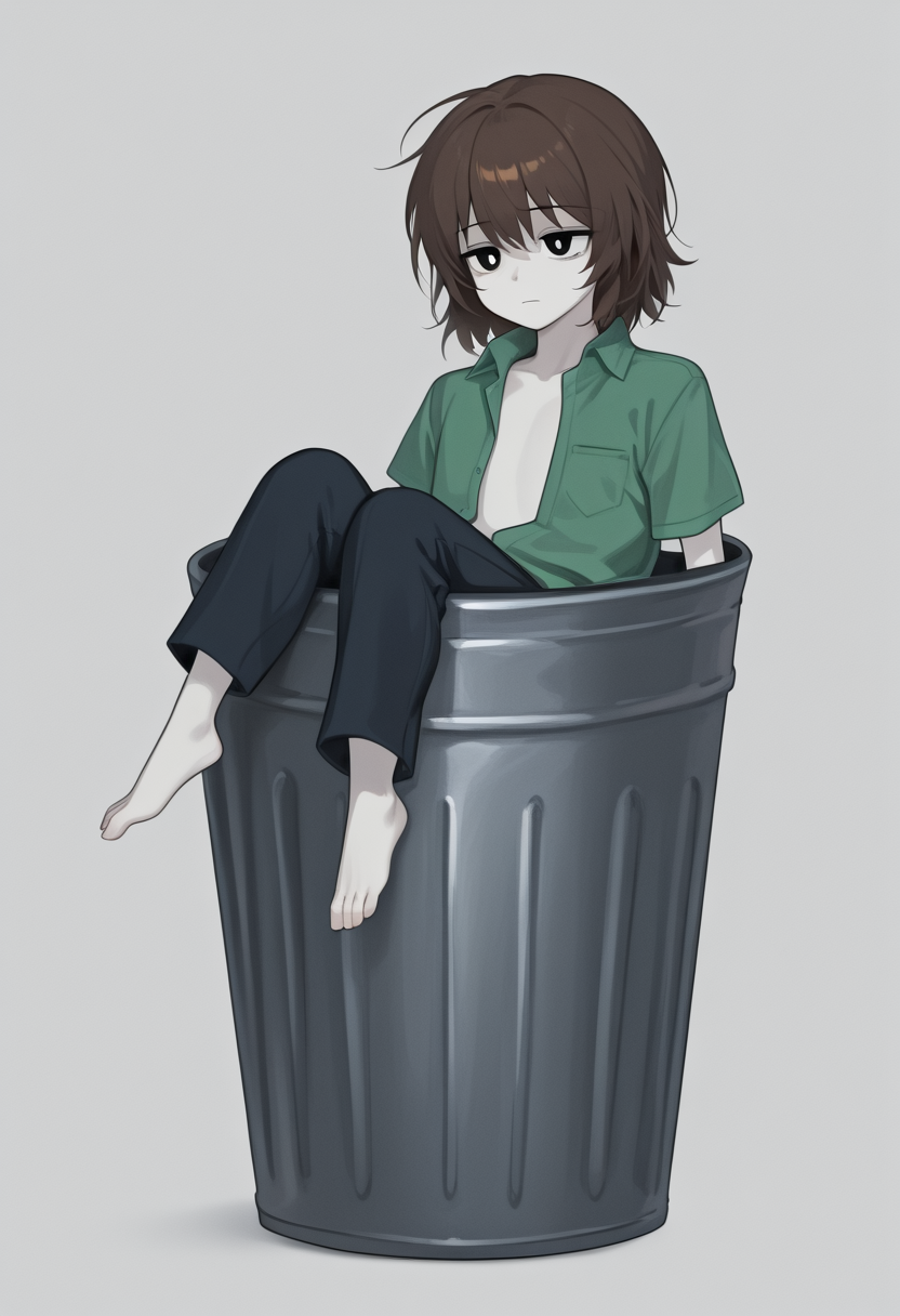 (masterpiece, high quality, amazing detail), highres, in trash can, solo, short hair, simple background, brown hair, shirt, white background, closed mouth, full body, short sleeves, open clothes, barefoot, collared shirt, pants, black eyes, colored skin, bright pupils, androgynous, 1other, white pupils, white skin, green shirt, <lora:In_trash_can:1>