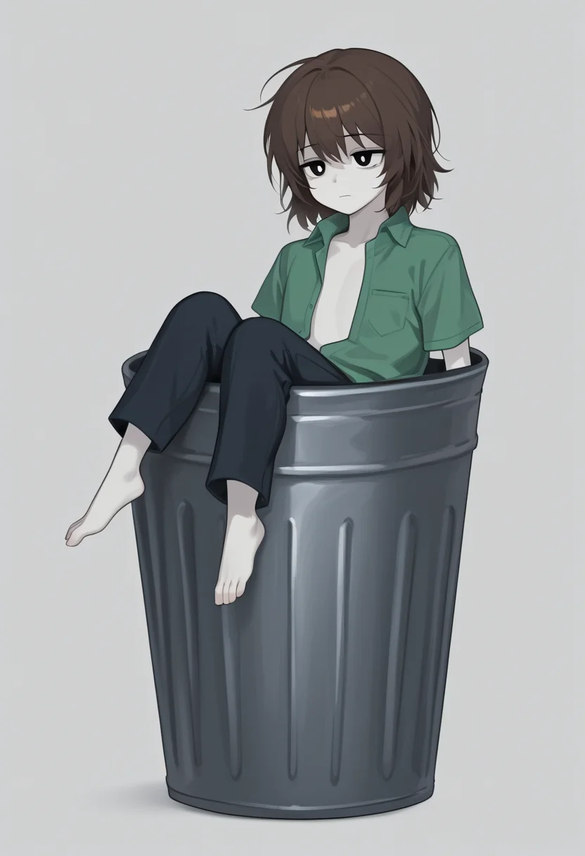 (masterpiece, high quality, amazing detail), highres, in trash can, solo, short hair, simple background, brown hair, shirt, white background, closed mouth, full body, short sleeves, open clothes, barefoot, collared shirt, pants, black eyes, colored skin, bright pupils, androgynous, 1other, white pupils, white skin, green shirt, <lora:In_trash_can:1>