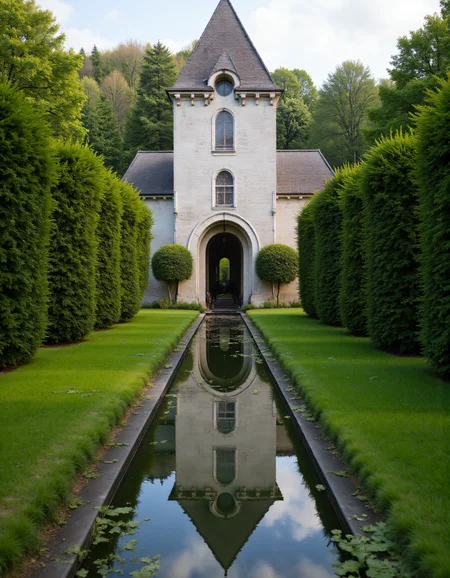 A tranquil scene of a tall, narrow tower with light gray stone walls and a steep, shingled roof. The structure has symmetrical windows, including an oval-shaped window near the top and traditional shutters framing a lower window. At the base of the tower is a large arched doorway that opens up to reveal a distant landscape. The building is perfectly reflected in a long, still pond that stretches in front of it, flanked by lush, manicured green hedges on both sides. The symmetry of the scene is emphasized by the clean, geometric lines of the hedges and the waterâs mirror-like surface. The background is filled with dense trees, adding a sense of peaceful isolation. The atmosphere is serene and calm, with soft, diffused daylight illuminating the garden, and the stillness of the water enhancing the reflective quality of the architecture. aidmaHyperrealism <lora:aidmaHyperrealismv0.3:0.8>  <lora:Sinfully_Stylish_.02_for_FLUX:0.8> in the style of Jed-clrfl <lora:flux-colourful:0.6>  <lora:FluxDFaeTasticDetails:0.8>
