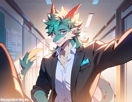 score_9, score_8_up, score_7_up, best quality, amazing quality, best aesthetic, amazing aesthetic, 2023, duo, dragon, furry male, solo focus, green hair, red eyes, medium hair, hairclip, bangs, suit, pov, kabedon, arm up, <lora:KabesubpovPonyXL:1>, wall \(structure\), school hallway