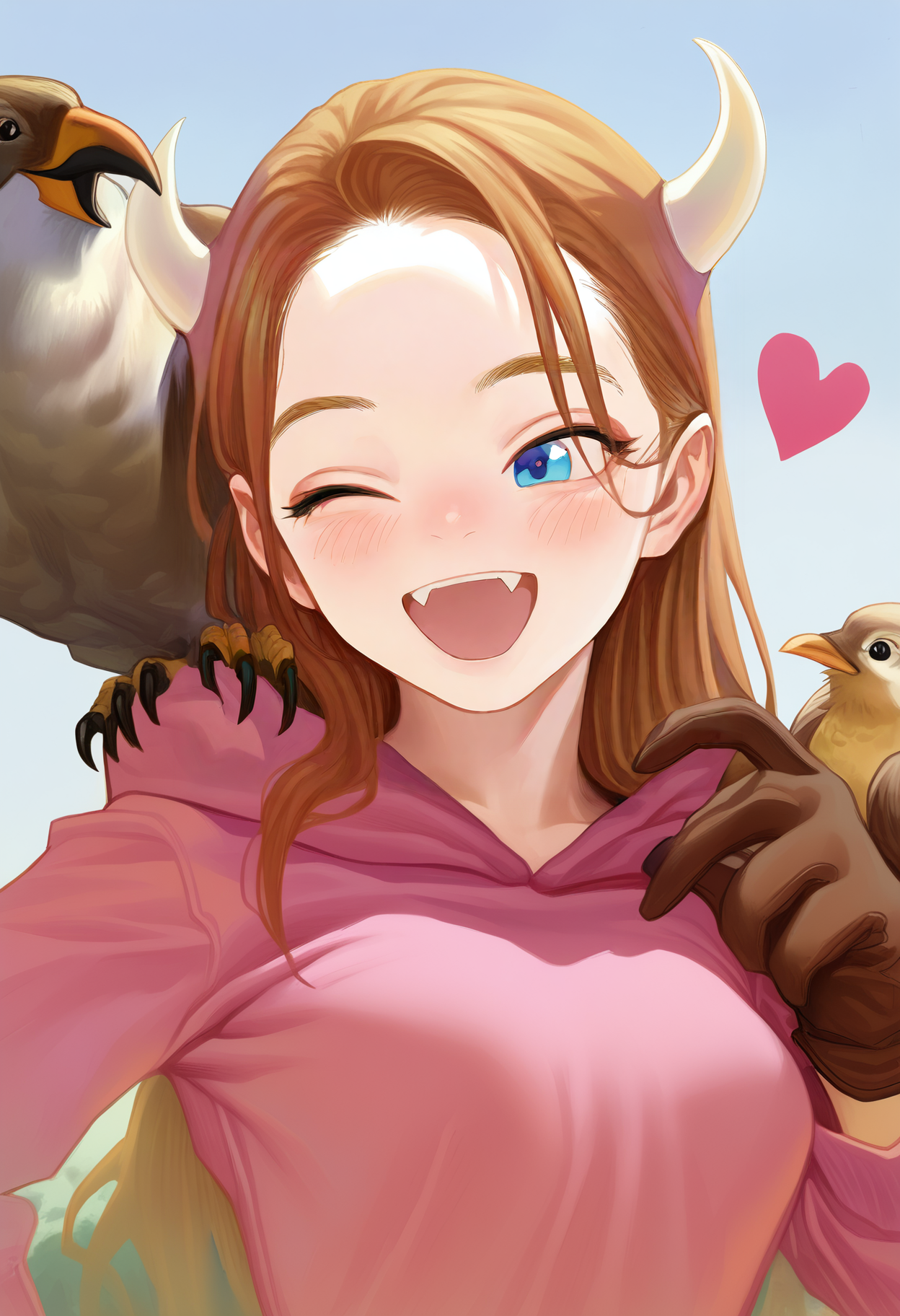 masterpiece, best quality, good quality,
alphonse \\(white datura\\), haguhagu \\(rinjuu circus\\), fkey, ugaaaa1,
bosako \(haguhagu\), 1girl, medium breasts, :d, bird, bird on hand, blue eyes, blush, brown gloves, brown hair, falconry, fang, gloves, hawk, heart, hood, hood down, hoodie, horns, long hair, long sleeves, one eye closed, open mouth, pink hoodie, smile
<lora:illustrious_styles_v3_vpred:1>