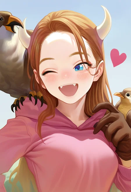 masterpiece, best quality, good quality,
alphonse \\(white datura\\), haguhagu \\(rinjuu circus\\), fkey, ugaaaa1,
bosako \(haguhagu\), 1girl, medium breasts, :d, bird, bird on hand, blue eyes, blush, brown gloves, brown hair, falconry, fang, gloves, hawk, heart, hood, hood down, hoodie, horns, long hair, long sleeves, one eye closed, open mouth, pink hoodie, smile
<lora:illustrious_styles_v3_vpred:1>