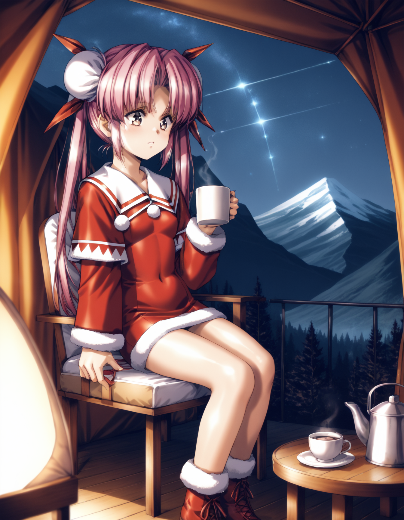 score_9,  score_8_up, score_7_up
<lora:louise-fallsmyer-ponyxl:1> fallsmyer, long hair, twintails, hair ribbon, double bun, bun cover, short dress, (red dress:0.6), (fur trim:0.6), zettai ryouiki,
sitting, camping chair, hot chocolate, tent, mountain, night, night sky