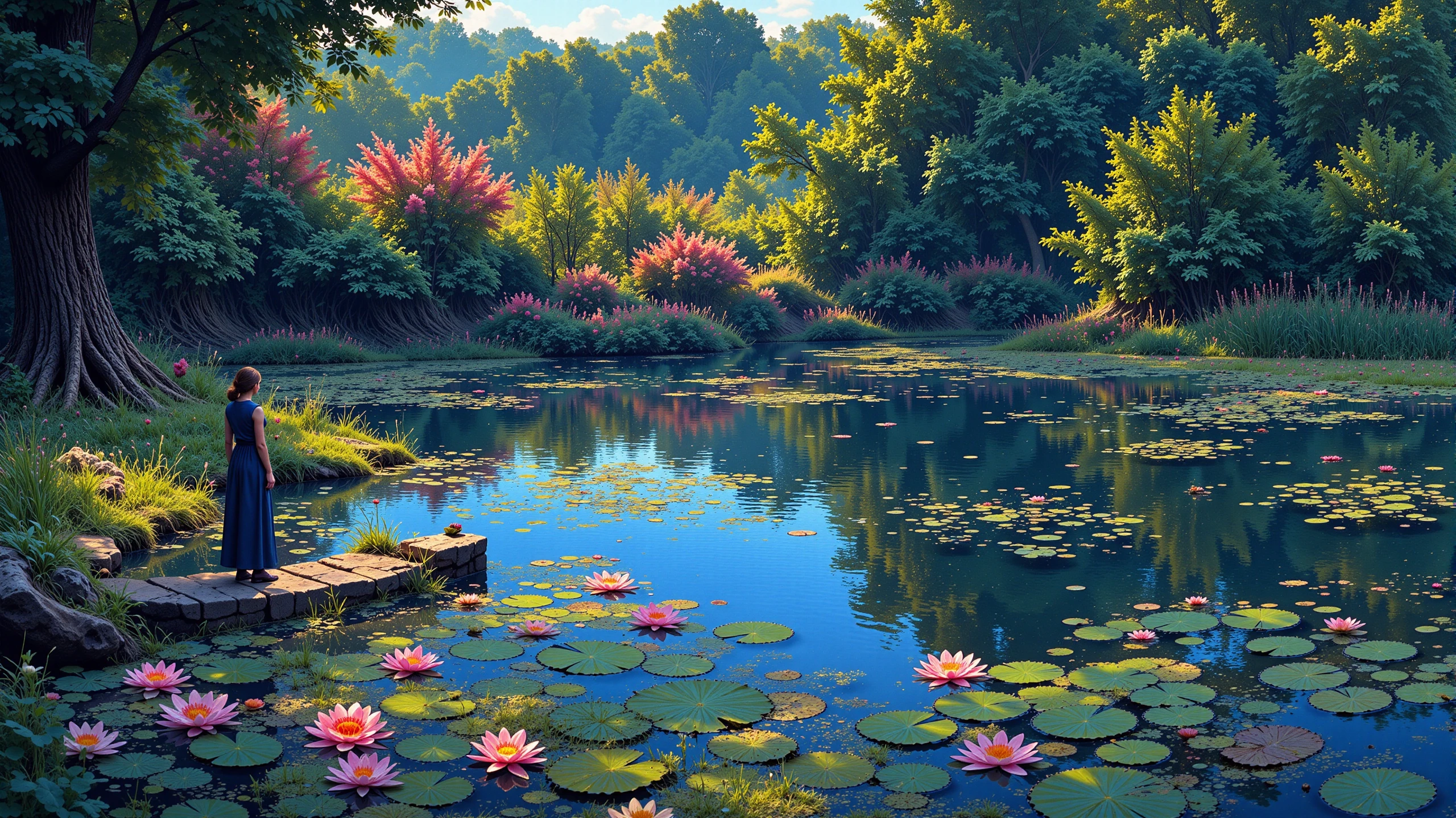 a pond with water lilies beautiful  landscape, evening, woman, very intricate, very detailed, sharp, bright, colorful, <lora:Hand v2:0.5> <lora:Anti-Blur:1><lora:Insane Detail Slider:0.25>  <lora:flux.1_lora_flyway_Epic-detail_v2:0.3> <lora:fluxenhancer:0.25> <lora:Saturday_Morning_Cartoon_Style_FLUX:1> Cartoon Style