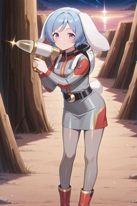 absurdres, highres, masterpiece, best quality, amazing quality, official anime artwork, screencap, anime screencap, outdoors, looking at viewer, light smile, dynamic pose,
<lora:Rei'sen_Illustrious:1> rei'sen, 1girl, solo, purple eyes, grey hair, blue hair, short hair, rabbit ears, floppy ears, rabbit tail,, reisen \(peacekeeper of the capital\), alternate costume, white helmet, unworn helmet, spacesuit, grey suit, long sleeves, gold trim, black belt, crescent, grey skirt, pencil skirt, grey pantyhose, multicolored boots, red boots, grey boots, holding gun, lunatic gun,