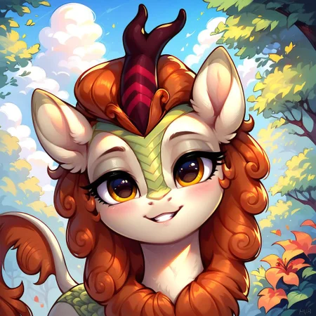 masterpiece, score_9, score_8_up, score_7_up, score_6_up, (best quality:1.1), ultra-detailed, high resolution, 1character, Autumn Blaze, kirin, g4, female, mare, half closed eyes, eyeshadow, happy smiling, blushing, outdoors, detailed fotest background, tail, high quality, sharp, the quality of ai art is frightening, watercolor, highly detailed, (beautiful detailed eyes), Long eyelashes, Highly Visible, (((8k))), sharp focus, perfect lighting, beautiful eyes, long eyelashes, anatomically correct, extremely detailed, shine on body, high detail, cute facial expression, Expressiveh, detailed background, OverallDetail, zPDXL2
