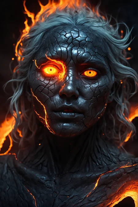Futuristic portraits, glow-in-the-dark visuals, smoldering skin, fractured earthy tones, magma-inspired aesthetic, neon-lit hazes. Ethereal, luminescent close-ups of human visage, skin substructure cracked, fluid golden cores displayed, apocalyptic embers dancing across ashen manes, charred shadow casting. Surreal high-key photographs, ashen darkskin facade, gleaming iridescent rifts, crackling high-tension microvolcanic lights emerging from smoldering chasms, starlight-flared gaze meeting dark matter mistiness. high contrast, apocalyptic, surreal portrait, lava skin. A low-angle, extreme close-up of a human face, with skin resembling cracked, smoldering pottery, as fiery fissures spread across the cheeks and forehead, revealing a deep glowing orange radiance. Deep within an eerie atmosphere of an otherworldly realm, smoky wisps of gray hair curl around an incandescent face as embers dance upon the smoldering locks, drawing eyes to two fiery orbs that burn like blazing suns amidst a twisted topography of blazing heat. Through an extreme perspective of lens distortion, a vision of a ravaged visage emerges where glimmering orange flares illuminate the planes and angles of a face scorched by infernal heat as blistering smolder transforms into crackling inferno - as with the eerie quality of dreams, all light appears to emanate from an unseen furnace. #surrealportrait #fierytransformation #moltenlavaflows. A human face shatters like fired terracotta, revealing a churning sea of fiery magma beneath the fractured surface as radiant, tangerine fissures illuminate the intense, blazing stare of eyes aglow with infernal ferocity, smoldering silver locks crackle with embers dancing at their extremities, bathed in a fierce chiaroscuro, heightening the surreal, apocalyptic ambiance of an unearthly inferno. Surreal, dystopian visage with smoldering, orange-rimed crevices dissolving the porous, volcanic veneer of skin, molten, candescent lava erupting like liquid fire in a breathtaking spectacle of primeval, burning chaos, fiery, aquiline eyes blazing with the furor of a thousand volcanic eruptions as wild, sooty strands writhe like living, ashen snakes, crackling with a swarm of incandescent sparks that amplify the mesmerizing drama of an otherworldly, blazing apocalypse. Fiery, abstract close-up of a fractured, humanoid visage with smoldering, apocalyptic energy exploding from beneath its desolate, parched surface, scorched, dark siliceous platelets shift and fragment like arid, cracked earth, revealing glimpses of churning, feral, pyroclastic lava as eyes like hot, blazing coals shine with an arcane, anagogic power, a grey, smoke-tinged coiffure ripples with turbulent, lambent sparks that intensify the hypnotic, dreamlike quality of an apocalyptic world forever lost in swirling, pyrogenic chaos, Futuristic portraits, glow-in-the-dark visuals, smoldering skin, fractured earthy tones, magma-inspired aesthetic, neon-lit hazes. Ethereal, luminescent close-ups of human visage, skin substructure cracked, fluid golden cores displayed, apocalyptic embers dancing across ashen manes, charred shadow casting. Surreal high-key photographs, ashen darkskin facade, gleaming iridescent rifts, crackling high-tension microvolcanic lights emerging from smoldering chasms, starlight-flared gaze meeting dark matter mistiness. high contrast, apocalyptic, surreal portrait, lava skin. A low-angle, extreme close-up of a human face, with skin resembling cracked, smoldering pottery, as fiery fissures spread across the cheeks and forehead, revealing a deep glowing orange radiance. Deep within an eerie atmosphere of an otherworldly realm, smoky wisps of gray hair curl around an incandescent face as embers dance upon the smoldering locks, drawing eyes to two fiery orbs that burn like blazing suns amidst a twisted topography of blazing heat. Through an extreme perspective of lens distortion, a vision of a ravaged visage emerges where glimmering orange flares illuminate the planes and angles of a face scorched by infernal heat as blistering smolder transforms into crackling inferno - as with the eerie quality of dreams, all light appears to emanate from an unseen furnace. #surrealportrait #fierytransformation #moltenlavaflows. A human face shatters like fired terracotta, revealing a churning sea of fiery magma beneath the fractured surface as radiant, tangerine fissures illuminate the intense, blazing stare of eyes aglow with infernal ferocity, smoldering silver locks crackle with embers dancing at their extremities, bathed in a fierce chiaroscuro, heightening the surreal, apocalyptic ambiance of an unearthly inferno. Surreal, dystopian visage with smoldering, orange-rimed crevices dissolving the porous, volcanic veneer of skin, molten, candescent lava erupting like liquid fire in a breathtaking spectacle of primeval, burning chaos, fiery, aquiline eyes blazing with the furor of a thousand volcanic eruptions as wild, sooty strands writhe like living, ashen snakes, crackling with a swarm of incandescent sparks that amplify the mesmerizing drama of an otherworldly, blazing apocalypse. Fiery, abstract close-up of a fractured, humanoid visage with smoldering, apocalyptic energy exploding from beneath its desolate, parched surface, scorched, dark siliceous platelets shift and fragment like arid, cracked earth, revealing glimpses of churning, feral, pyroclastic lava as eyes like hot, blazing coals shine with an arcane, anagogic power, a grey, smoke-tinged coiffure ripples with turbulent, lambent sparks that intensify the hypnotic, dreamlike quality of an apocalyptic world forever lost in swirling, pyrogenic chaos, translucent, transparent, divine, heavenly, sacred, celestial, intricate detail, cinematic, elegant, complex, extremely detailed, professional, pristine