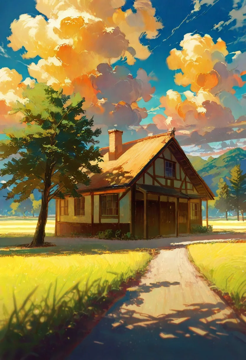 by potg \(piotegu\), masterpiece, best quality, amazing quality, very aesthetic, very awa, absurdres, extremely detailed, (depth of field), (diagonal shot with rotation), (foreshortening), blue sky, building, cloud, cloudy sky, dirt road, grass, house, no humans, outdoors, road, scenery, sky, tree, thick oil painting,