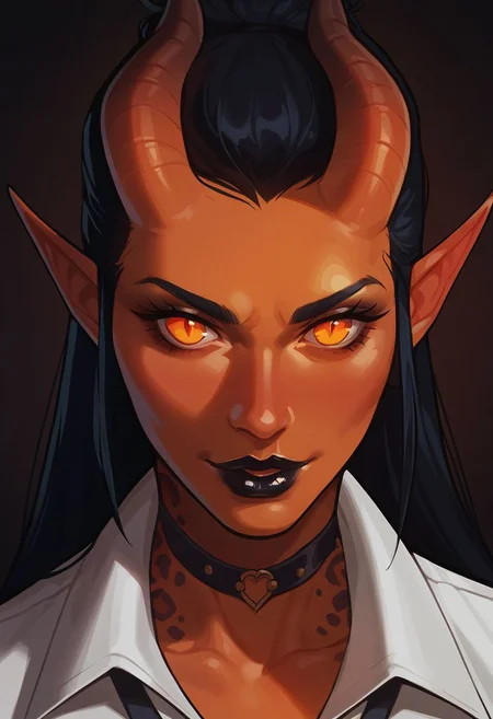 score_9, score_8_up, score_7_up, solo, demon, succubus, orange skin, medium breasts, long black hair, demon horns, leopard spots, demon eyes, scientist, dark lipstick, close up, temptress
